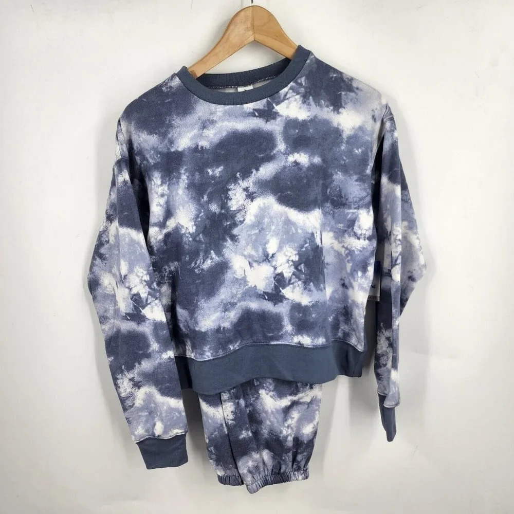 Abound Womens Printed Fleece Sweatshirt & Jogger Set Blue Ivory Tie Dye SZ S NWT